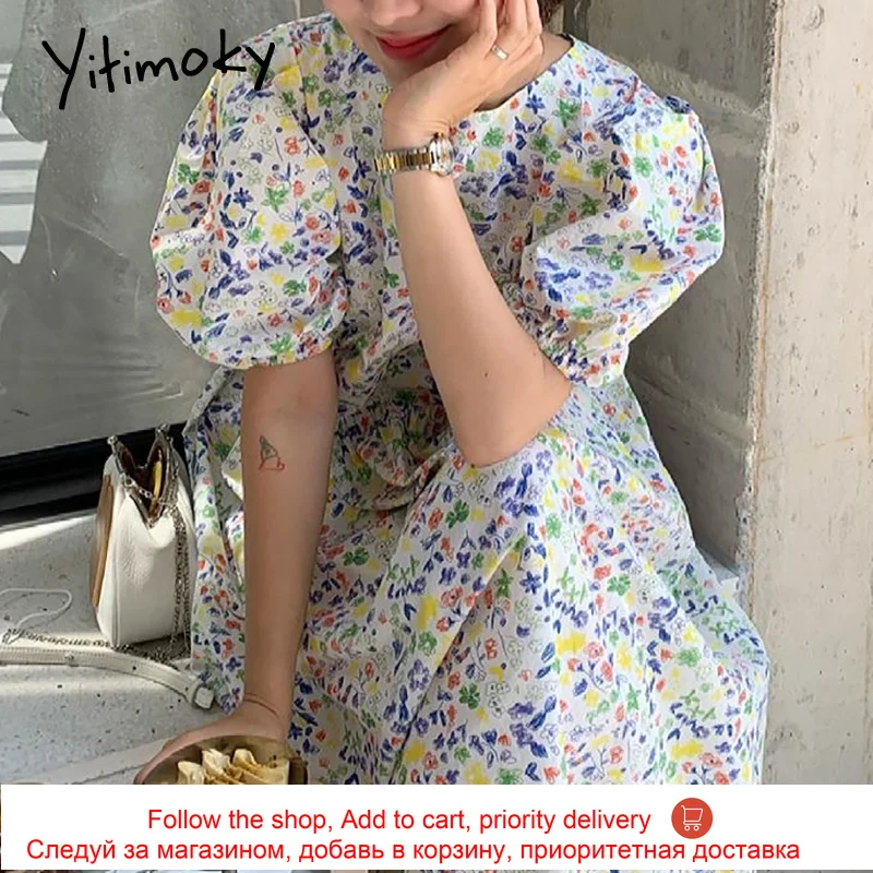 

Yitimoky Print Floral Dresses Women Loose Long Dress Short Puff Sleeve Button Up O-Neck A-line Summer 2021 Casual New Fashion