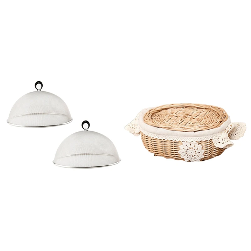 

1X плетеная корзина для хранения из ротанга с крышкой, корзина для закусок и 2 шт. кухонных сетчатых крышек из нержавеющей стали для еды
