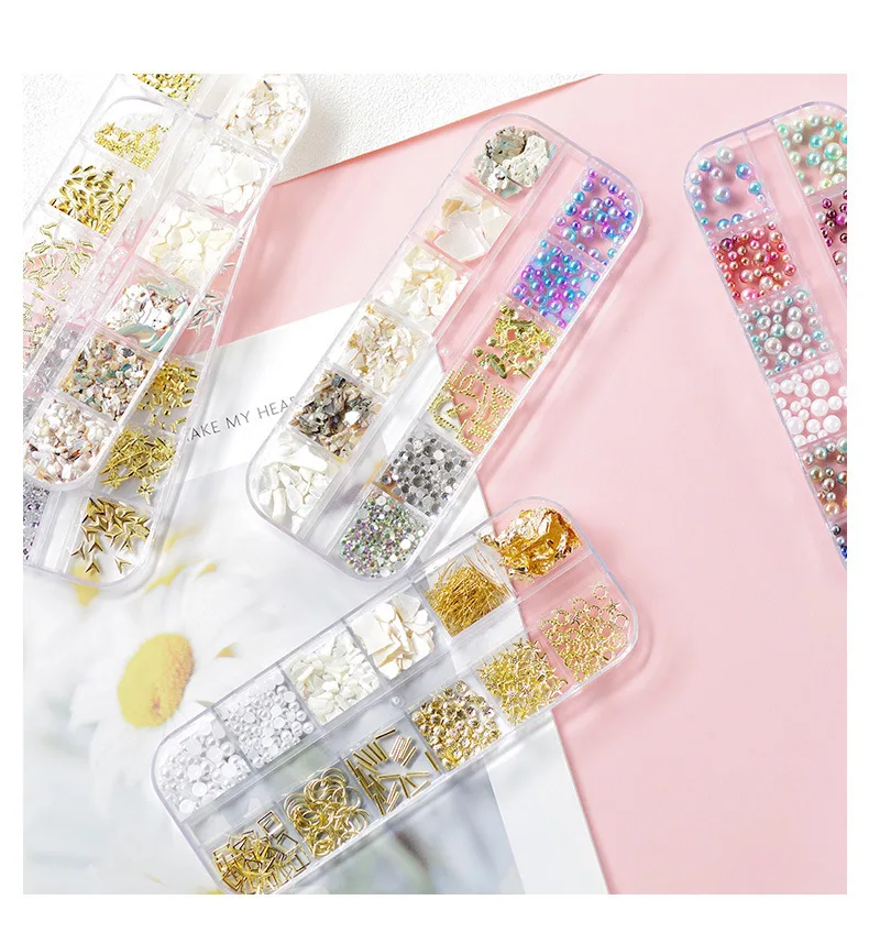 

12 Styles Mixed Nail Art Decorations UV Gel Pearl Shell Revit Crystal Shine Pieces Nails Tool Sets