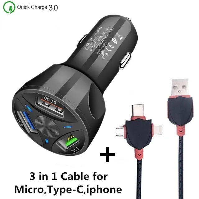 3 порта USB зарядное устройство 3.1A автомобильное зарядное устройство для мобильного телефона быстрое зарядное устройство адаптер для iphone huawei samsung Quick charger 3,0 - Тип штекера: Black 3USB and Cable