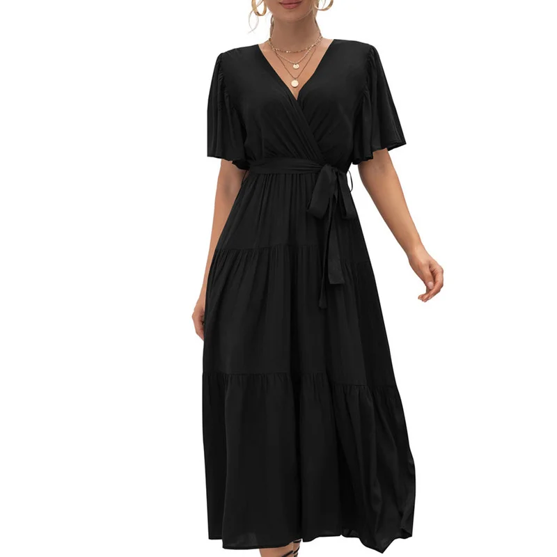 

Womens Short Sleeve V Neck Maxi Dress Summer Solid Long Wrapped Long Dresses