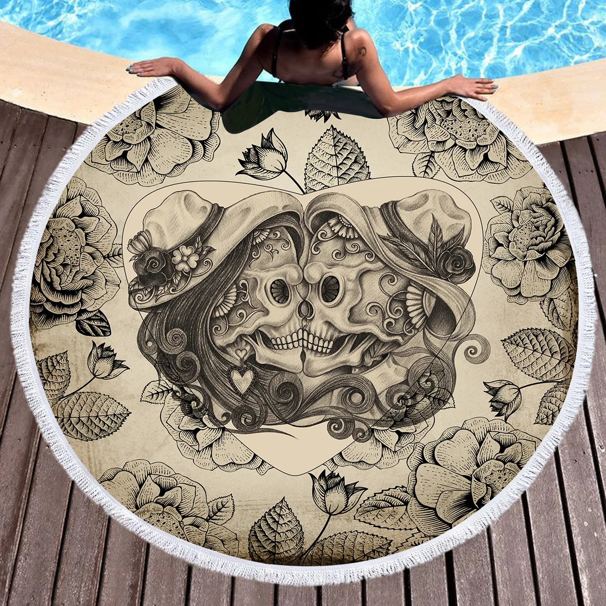 

Skull Couple Gray Pattern Beach Towels Microfiber Beach Towel for Adult Household Bath Towel Outdoor Portable Round Beach Towel