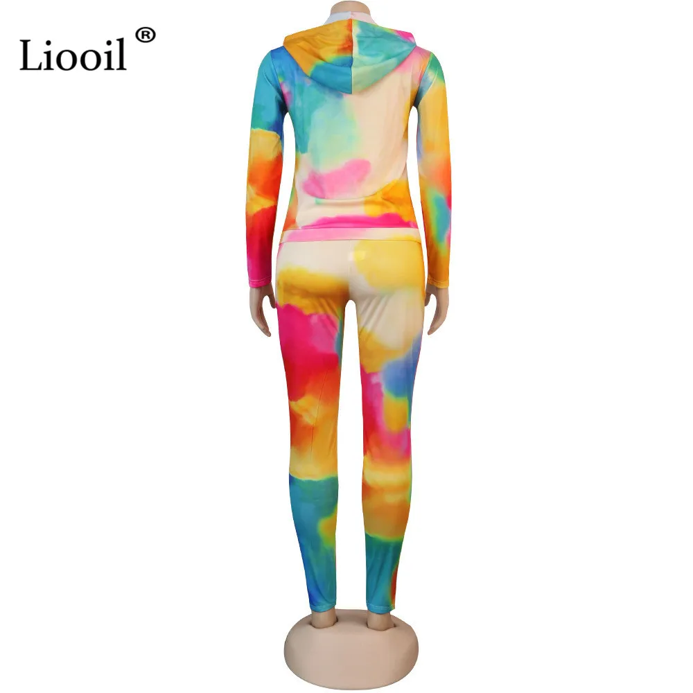 

Liooil Two Piece Print Set Sexy Hooded Coats And Pants 2021 Long Sleeve Zip Up Club Outfits With Pockets Women Matching Sets