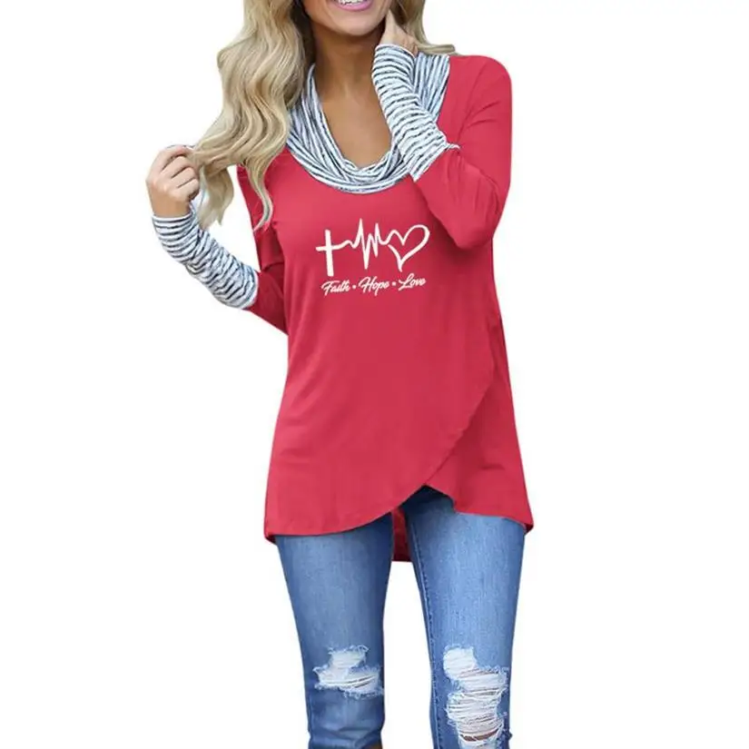 

2021 New Fashion Faith Hope Love Letters Print T-Shirt For Women Striped Turtleneck T-Shirt Women T-Shirt Harajuku Tshirt Top