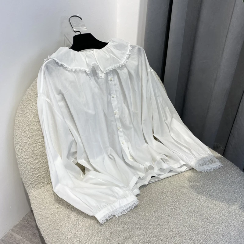 

2022 Spring New 100% Cotton Top Quality Women Loose Style Ruffled Collar Oversize Cotton Solid White Blouses