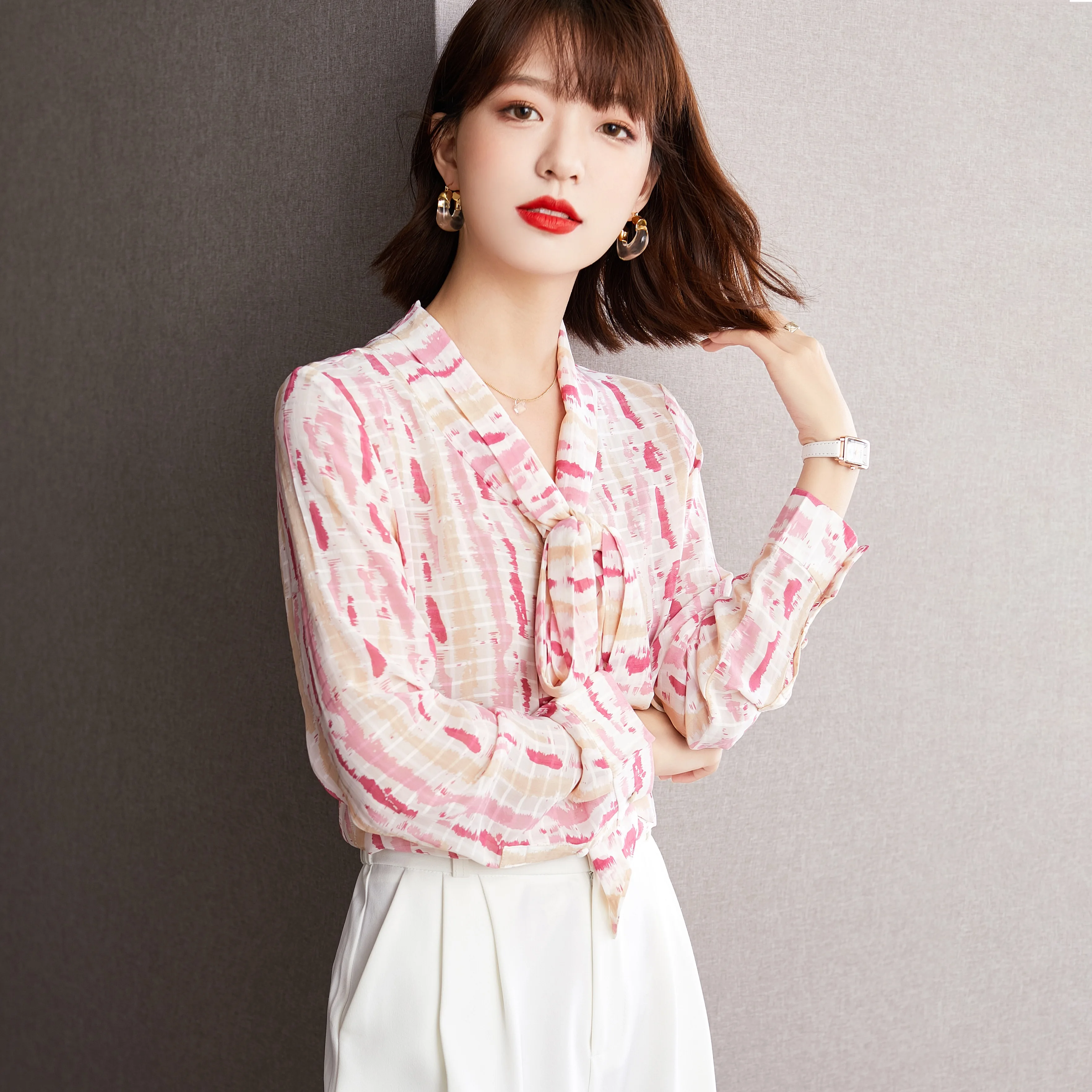 Дизайнерская розовая Женская блузка и рубашка Pinkoz с бантом на воротнике офисные