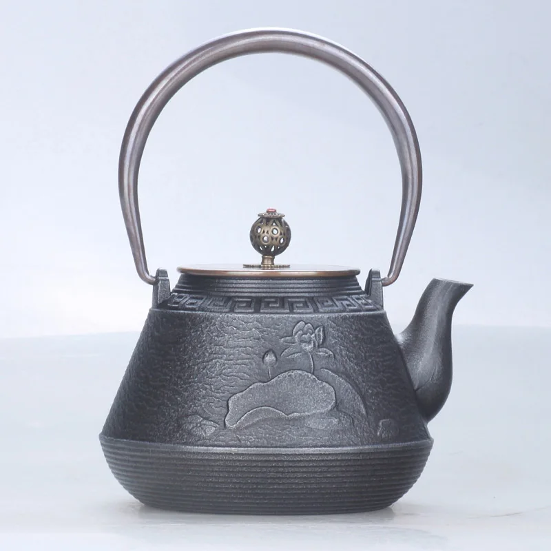 

Japanese cast iron tea pot without coating manual annual fish play lotus copper handle cover water kettle teapot