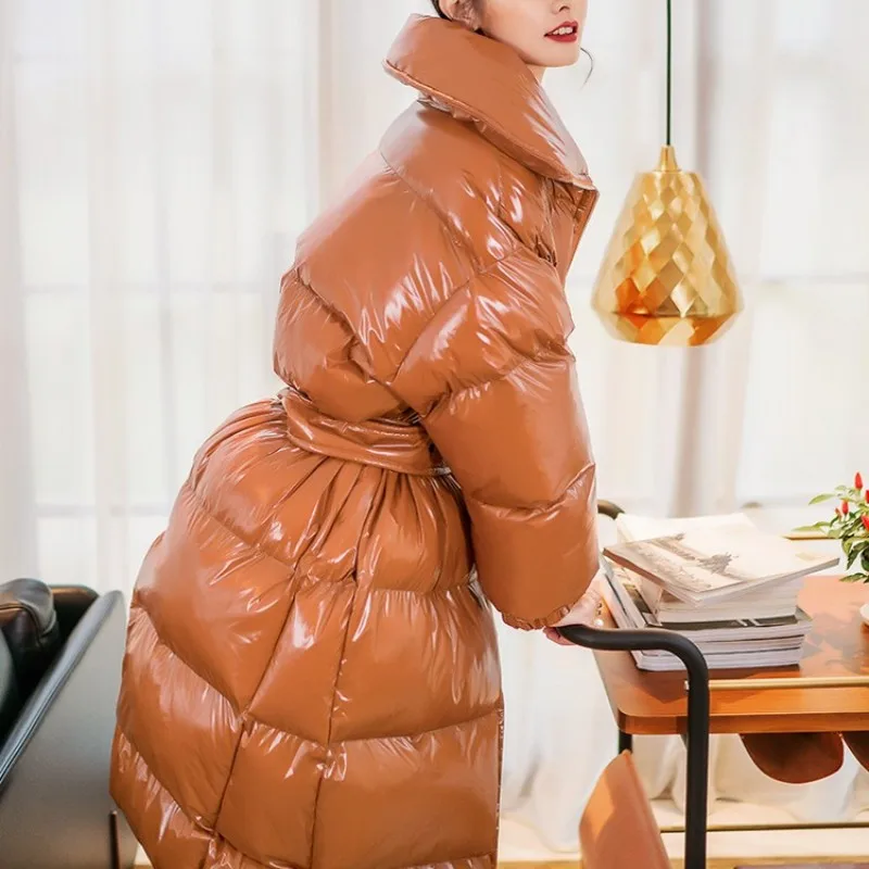 

Winter Coats Woman Luxury Glossy Patent Leather Down Padded Jacket Long Windproof Snow Warm Parka Female Belt Oversize Coat