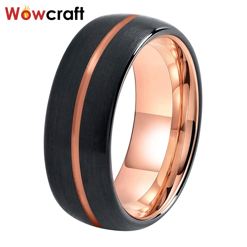 

6mm 8mm Black Rose Gold Tungsten Carbide Ring for Men Women Tow Tone Wedding Bands Grooved Center Brushed Finish Comfort Fit