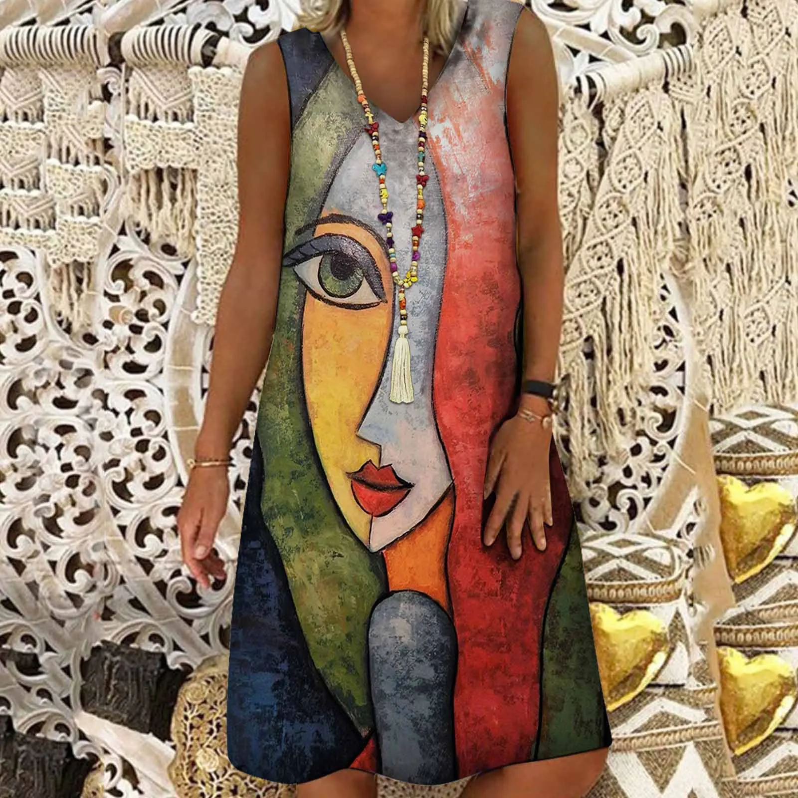 

Summer Dress For Women V-Neck Sleeveless Abstract Print Fashion Casual Ladies Long Dresses 2021 Sundress Women's Clothing