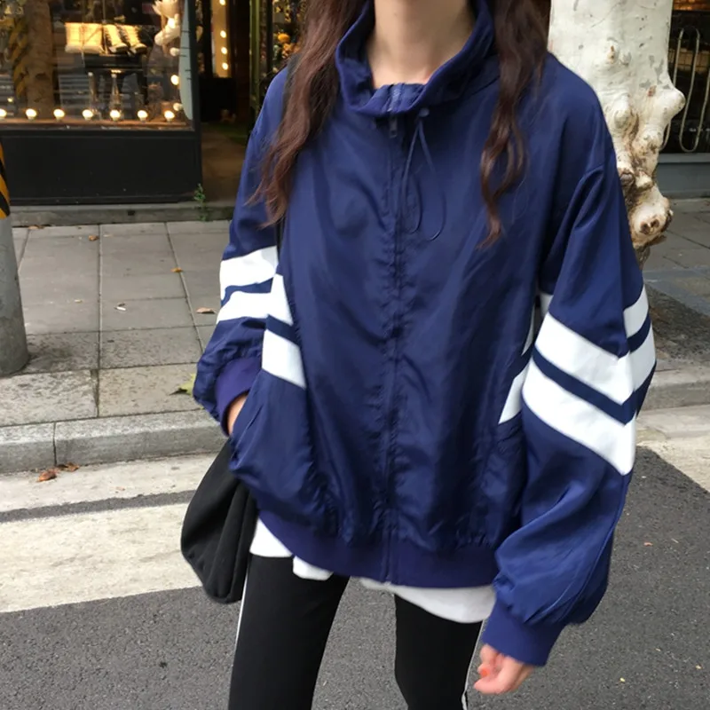 

Осенняя женская спортивная куртка полосатая молния свободная бейсбольная форма с воротником-стойкой Повседневная Женская куртка