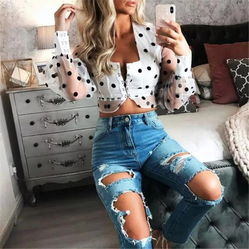 

Women Long Sleeve Sheer Mesh Blouse Female Blusas Transparent Puff Sleeve Shirt Polka Dot Printed Short Slim Tops Shirts S-XL