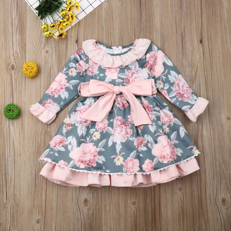 

New Princess Baby Girl Flower Dresses Party Floral Sweet Gown Dresses Girl Lace Long Sleeve Bow Dress Vestidos Clothes Autumn