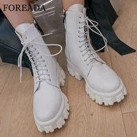 foreada real leather motorcycle boots platform flat mid calf boots zip women shoes lace up short boots female autumn winter 40