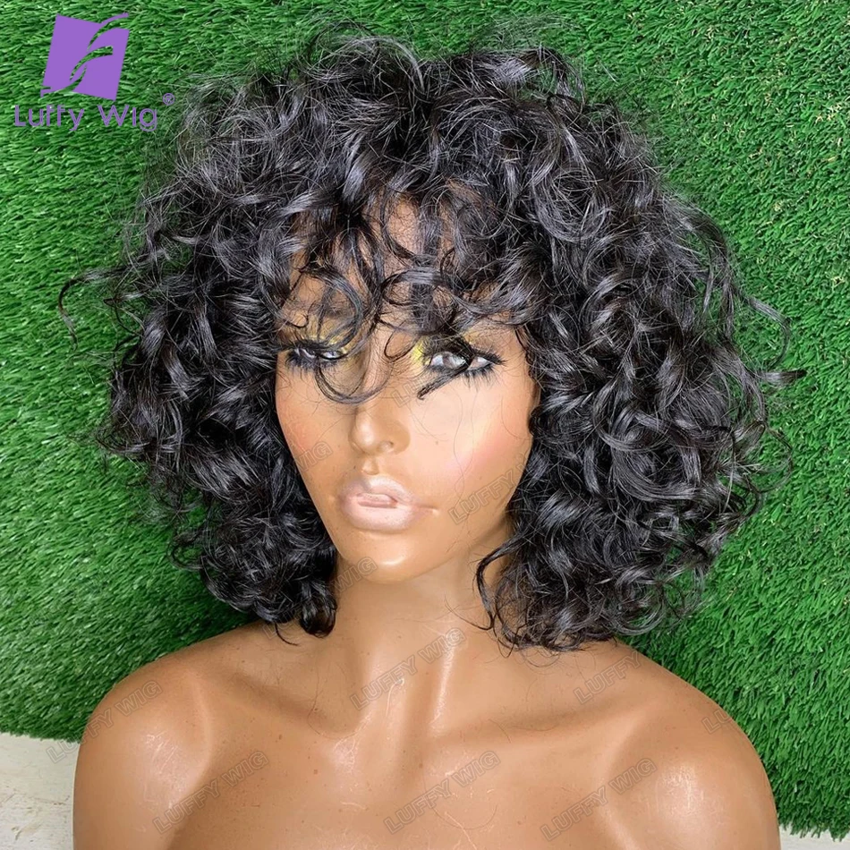 180 Density Scalp Top Full Machine Made Wig With Bangs Short Curly Human Hair Wigs For Women Brazilian Remy Natural Color LUFFY