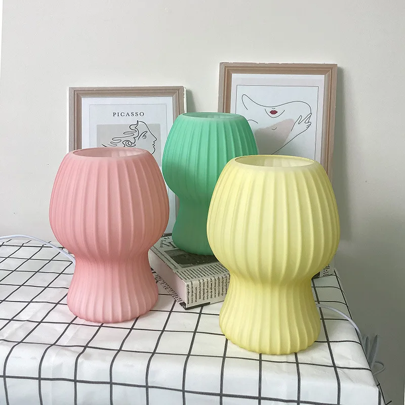 

Nordic Led Small Mushroom Table Lamp with Glass Lampshades Cute Reading Stripe Desk Lamps for Bedroom Bedside Office Study
