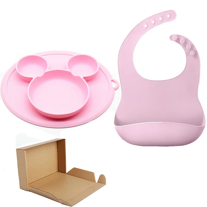 Pink Set Детская силиконовая тарелка, Набор чашек с нагрудниками, Детская силиконовая миска на присоске, водонепроницаемые мягкие Слюнявчики, Детские разделители, Детская тарелка - Цвет: Pink Set