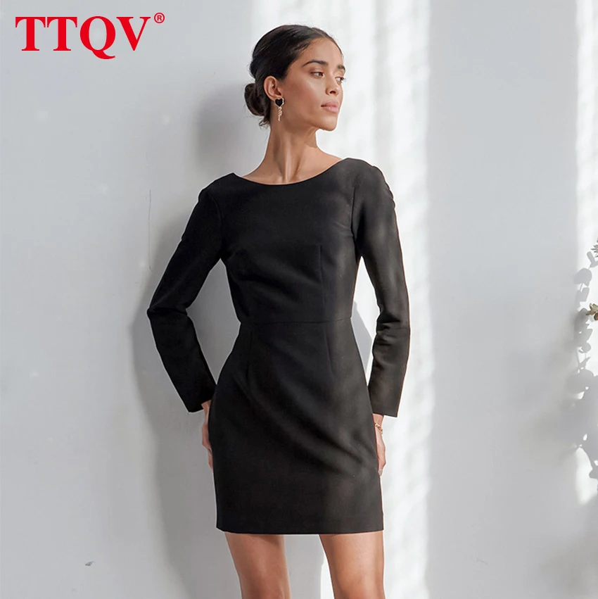 

TTQV Sexy O-Neck Black Women Dress Autumn Winter Long Sleeve Backless Mini Dresses Ladies Bodycon Party Dress For New Year 2022