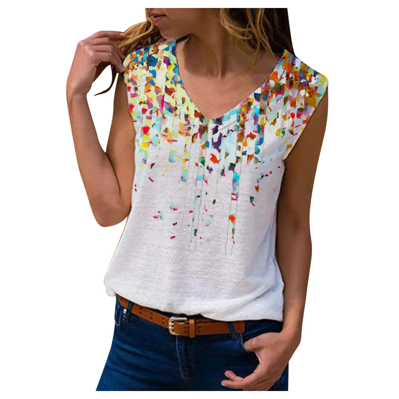 Женская винтажная блузка без рукавов Повседневная Свободная Футболка с V