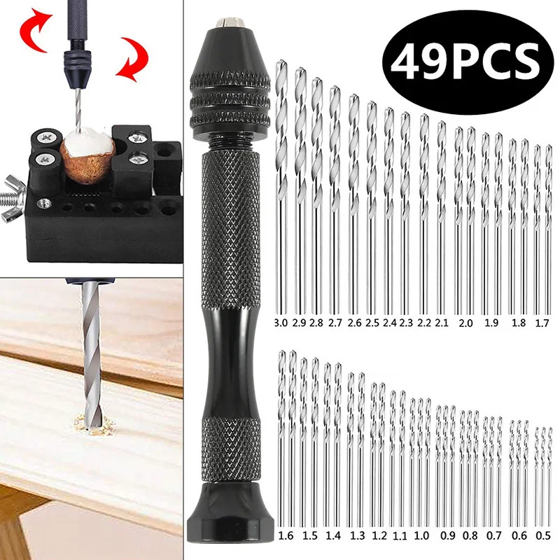 

49PCS Mini Manual Twist Drill Bit Set Micro Aluminum Hand Drill with Keyless Chuck HSS Woodworking Drilling Rotary Tools