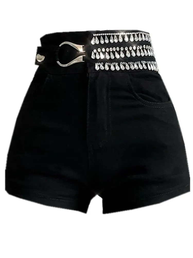

Ins Chic Japanese Slim Elegant Women Denim Shorts Jeans Celebrity Water Droplets Drill Handmade Beading Design Slim Lady Bottom