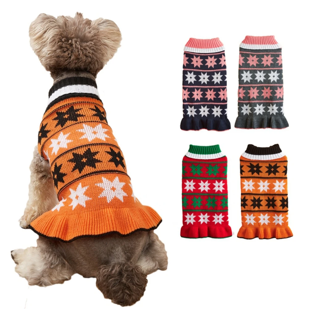 

Warm Pet Sweater Dress Turtleneck Dog Knitwear with Cute Star Flower Pattern Pullover Pet Sweatshirt Cat Puppy Clothing