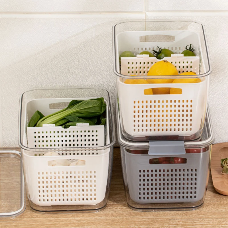 

Fridge Storage Box Refrigerator Fruit Vegetable Drain Basket Fresh-Keeping Box With Lid Storage Containers Kitchen Tools Cocina