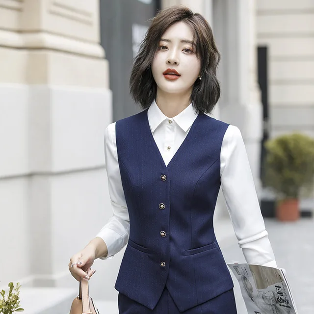 

OL Style Work Wear 3 Piece Suit Women Blazer+vest+pant Autumn Winter Blue Grey Purple Striped Three Piece Formal Suit for Woman