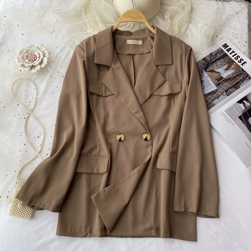 

FTLZZ New Spring Autumn Office Lady Turn-down Collar Double Breasted Blazer Women Casual Loose Long Sleeve Solid Color Coat