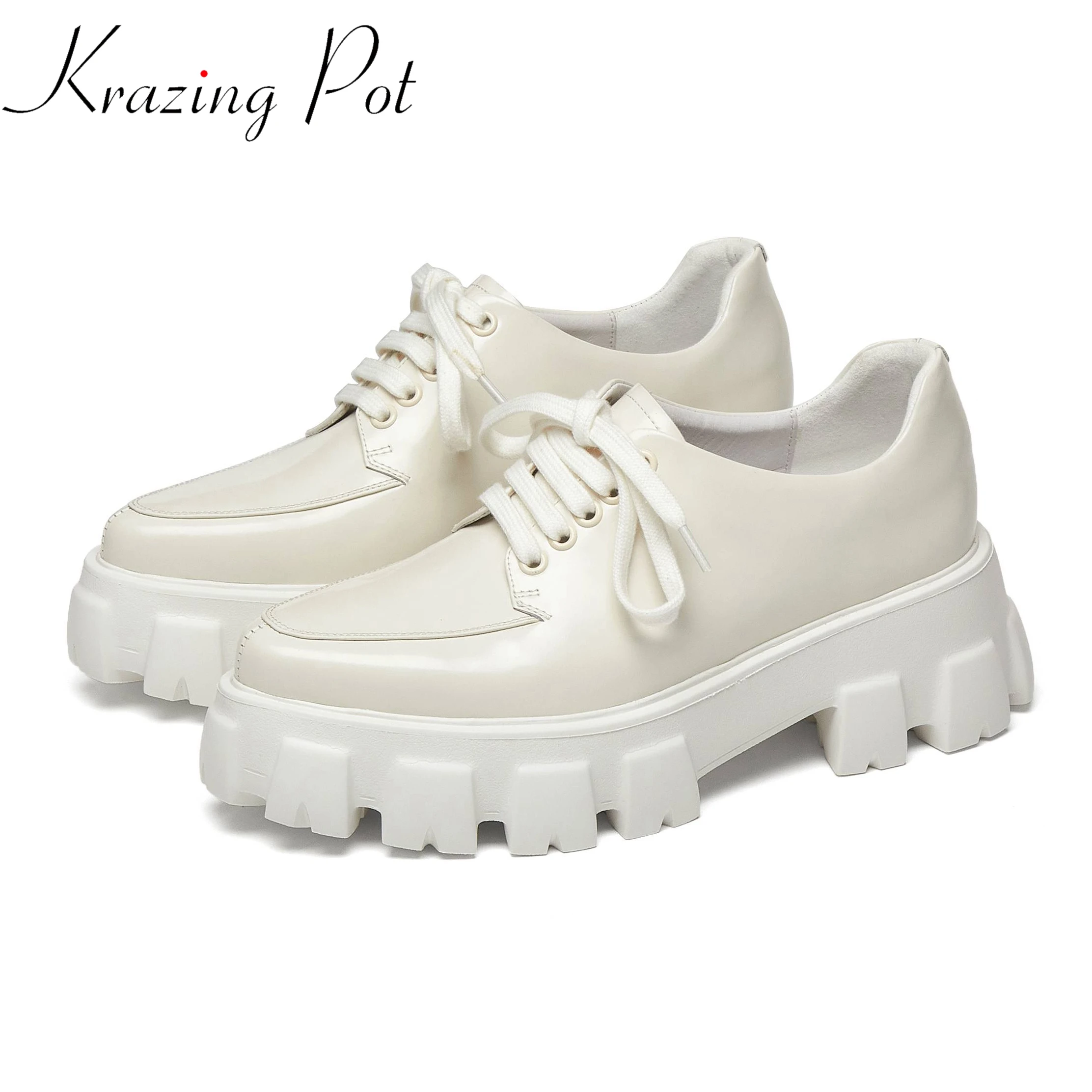 

Vichelo Hot full grain leather white sneakers leisure pointed toe lace up concise style Autumn platform casual vulcanized shoes