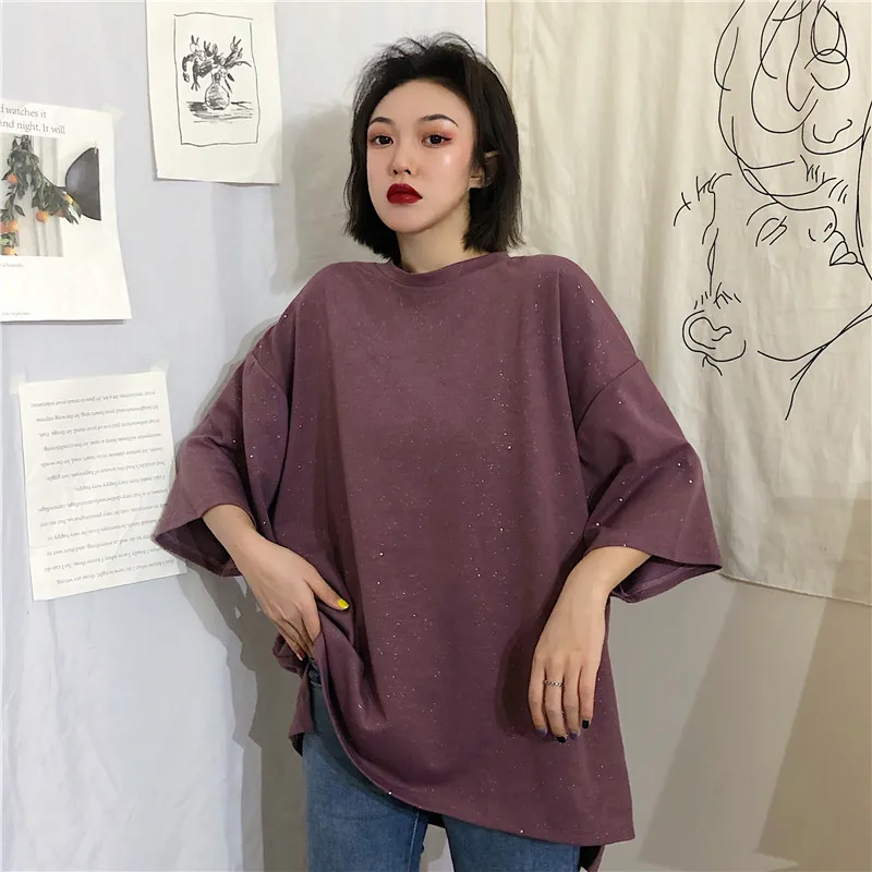 

Summer Korean Bf Loose Sequins Short Sleeve T-shirts Women Clothing O-neck Casual Tees Hipster Solid Ladies Tops Ins 2021 New