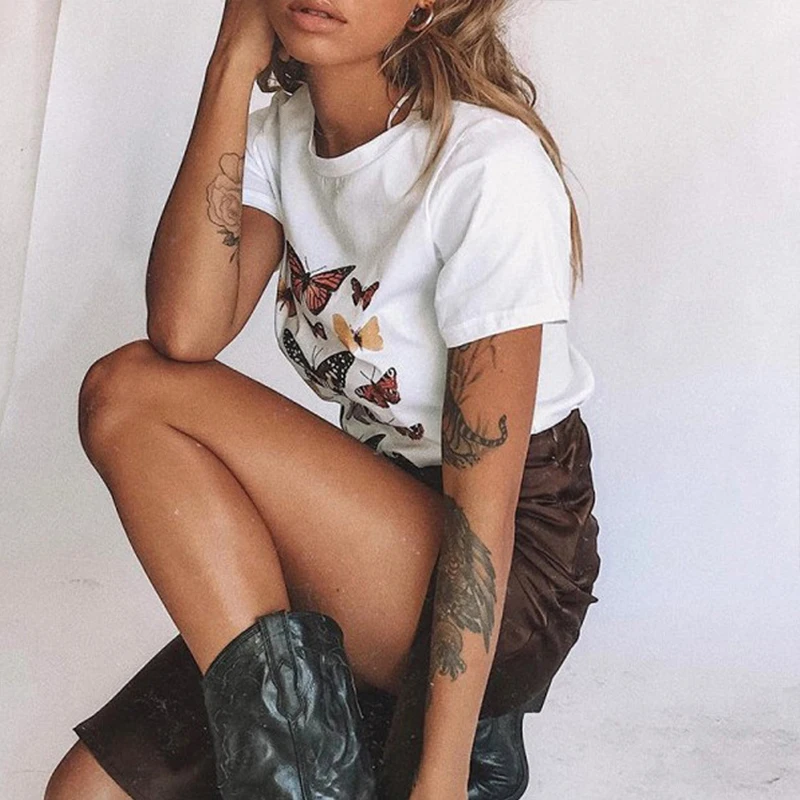 

Vintage White Butterfly Graphic T Shirts Casual Loose Streetwear 2021 Summer Women Fashion Clothes O Neck Short Sleeve Tops New