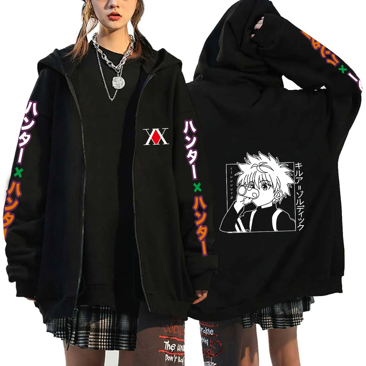 Hunter X Killua Zoldyck Zip Up Hoodies Streetwear Plus Size Jackets Coats Long Sleeve Fleece Zipper Anime | Женская одежда