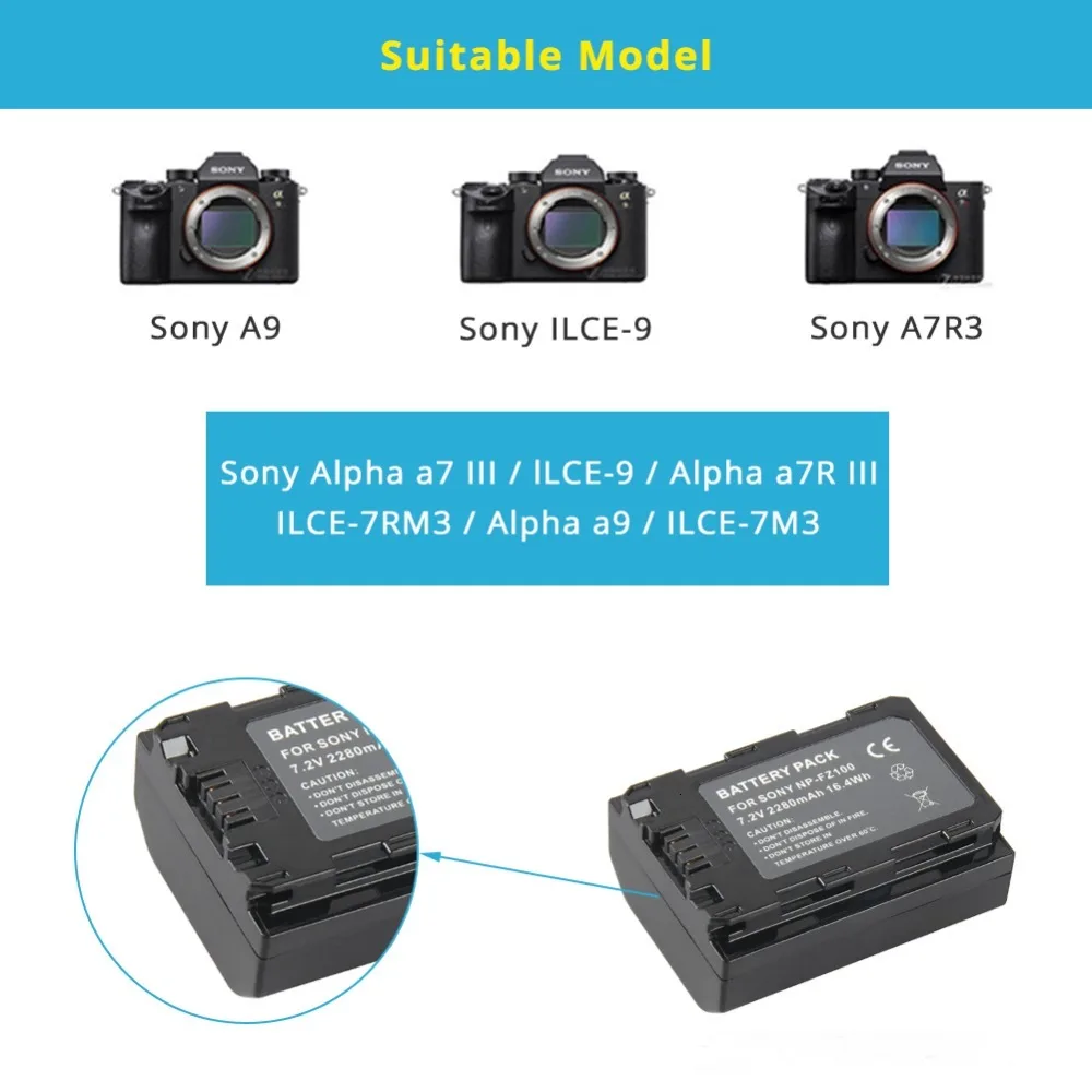 NP-FZ100 2280mAh NPFZ100 аккумуляторная батарея для камеры sony A9, A7R III, A7 III, ILCE-9, ILCE9, ILCE-7RM3, ILCE-7M3, Mark III