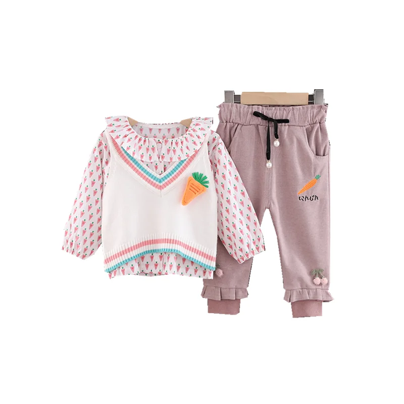 Осенняя Милая одежда модная детская жилет для девочек футболка штаны 2 шт./компл.
