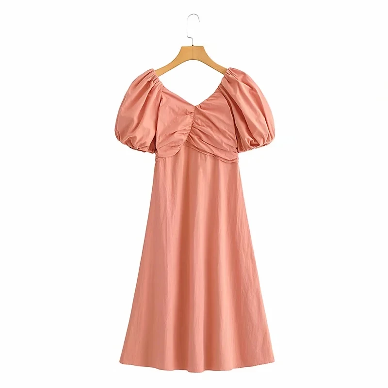 

Hot Sale Women Chic Pleated Design Midi Dress Female V Neck Puff Sleeve Clothes Casual Lady Loose Vestido D8125