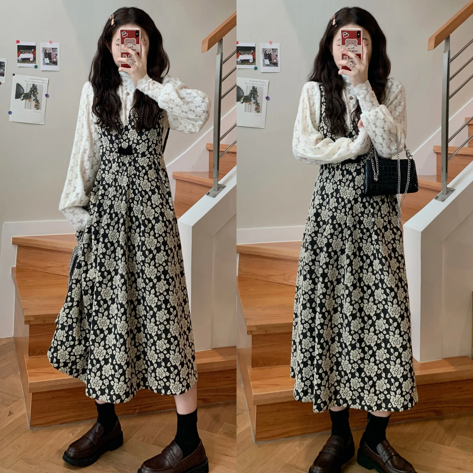 Корейское жаккардовое платье с завышенной талией платье-жилет бантом кружевная