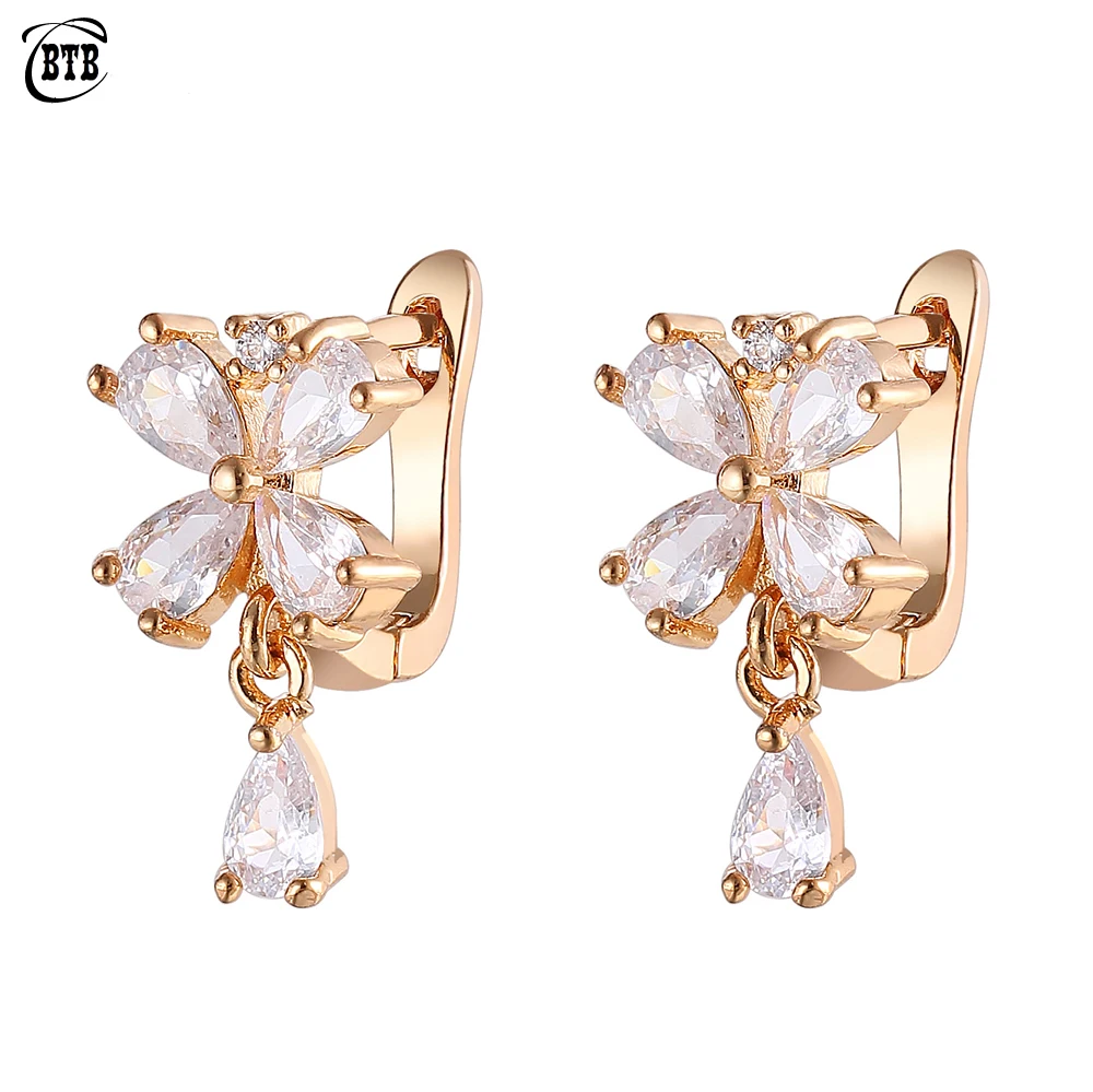 Женские серьги капельки из циркония изысканные золота 585 пробы с четырьмя