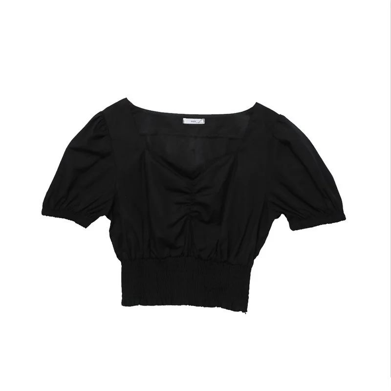 

Pleated Elastic Waist Short Shirt Female Korean Version French Solid Color Tunic Top Puff Sleeve V-neck Bottoming Shirt