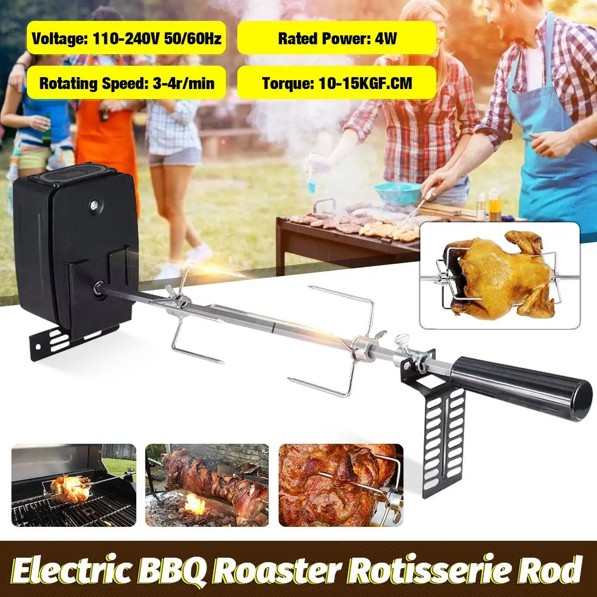 

Stainless Steel Electric Automatic BBQ Grill Rotisserie BBQ Motor Spit Roaster Rod Meat Fork Set Outdoor Camping Cooking Tool 4W