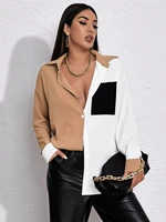 women sexy patchwork blouses casual loose pocket long sleeve shirts top femininas fashion clothing plus size