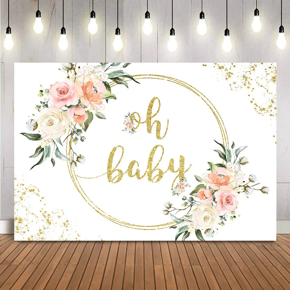 

Oh Baby Backdrop Pink Flowers Baby Shower Party Decoration Gold Glitter Gender Reveal Banner Green Leaves Banner Supplies