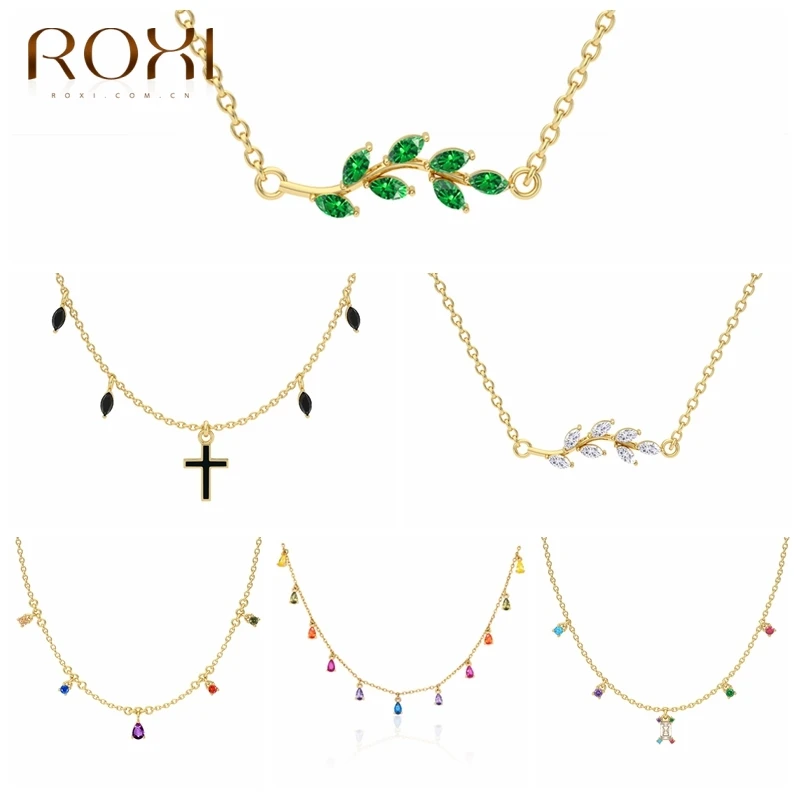 

ROXI 925 Sterling Silver Rainbow Zircon Necklace For Girl Leaf Cross Pendant Necklace Women Clavicle Chain Necklace Fine Jewelry