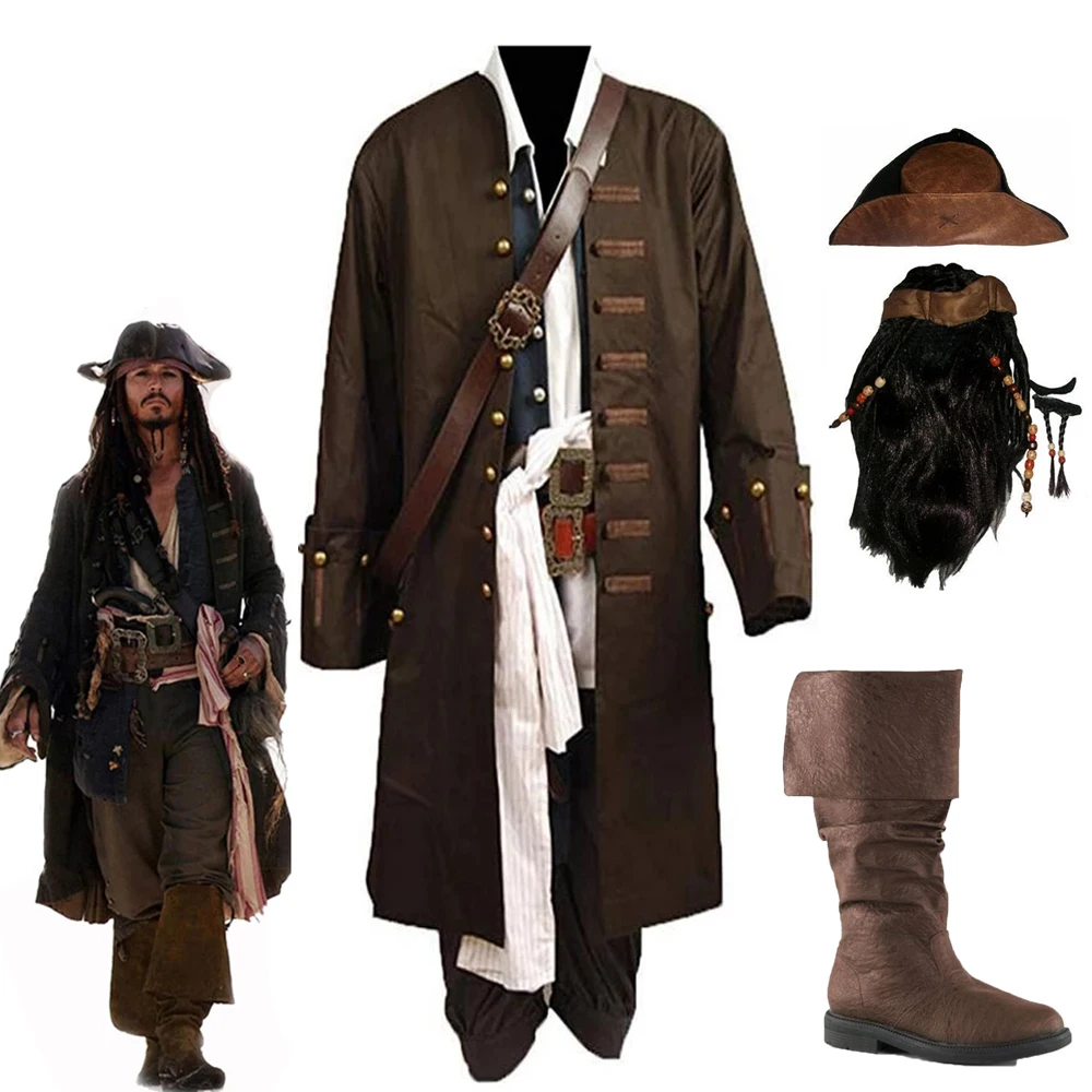 

Jack Sparrow Pirate Costume Adult Cosplay Fancy Dress Carnival Captain Pirates Caribbean Halloween Party Costume Hat and wig Set