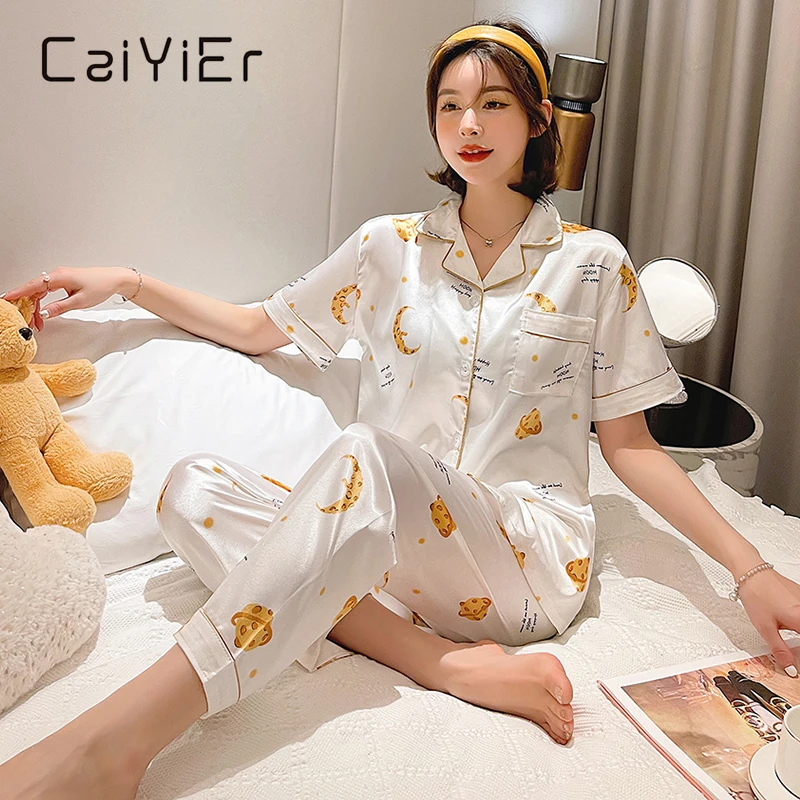 CAIYIER Summer Women New Pajamas Suit Silk satin Nightwear Girl Sweet Cartoon printing Pyjamas Short-sleeved Trousers Sleepwear