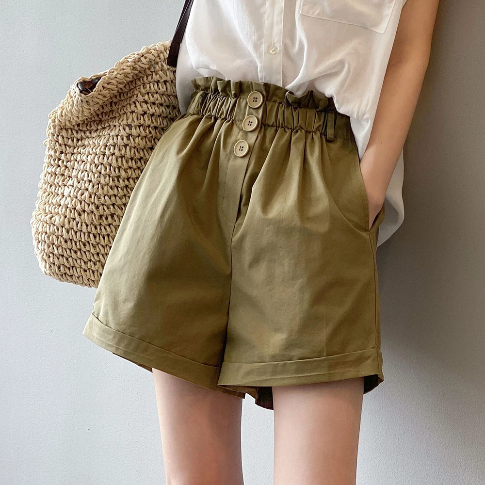 

Шорты женские с широкими штанинами и высокой талией, модные повседневные свободные короткие штаны-трапеция в Корейском стиле, с оборками, с ...