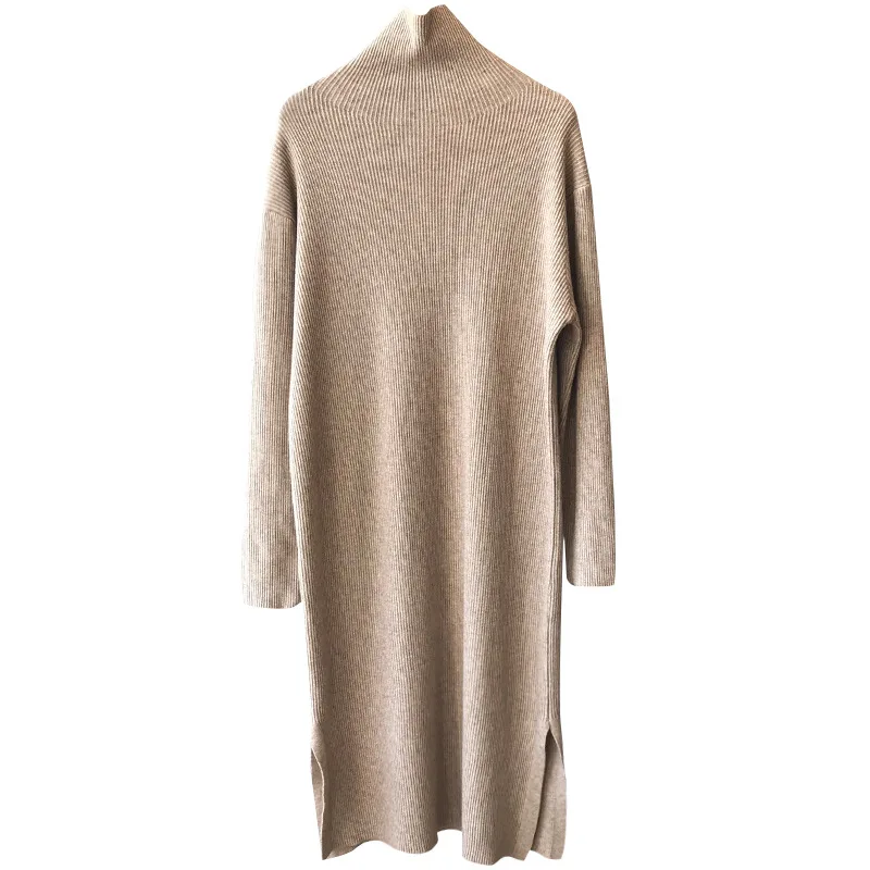 Женское платье-свитер с высоким воротником средней длины однотонное модное