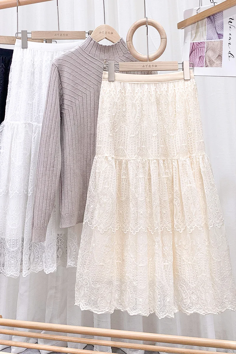 

Spring New White Gauze Skirt Double-Layer Gauze Lace Crocheted Hollow Skirt Mid-Length A-Line Skirt Female 507