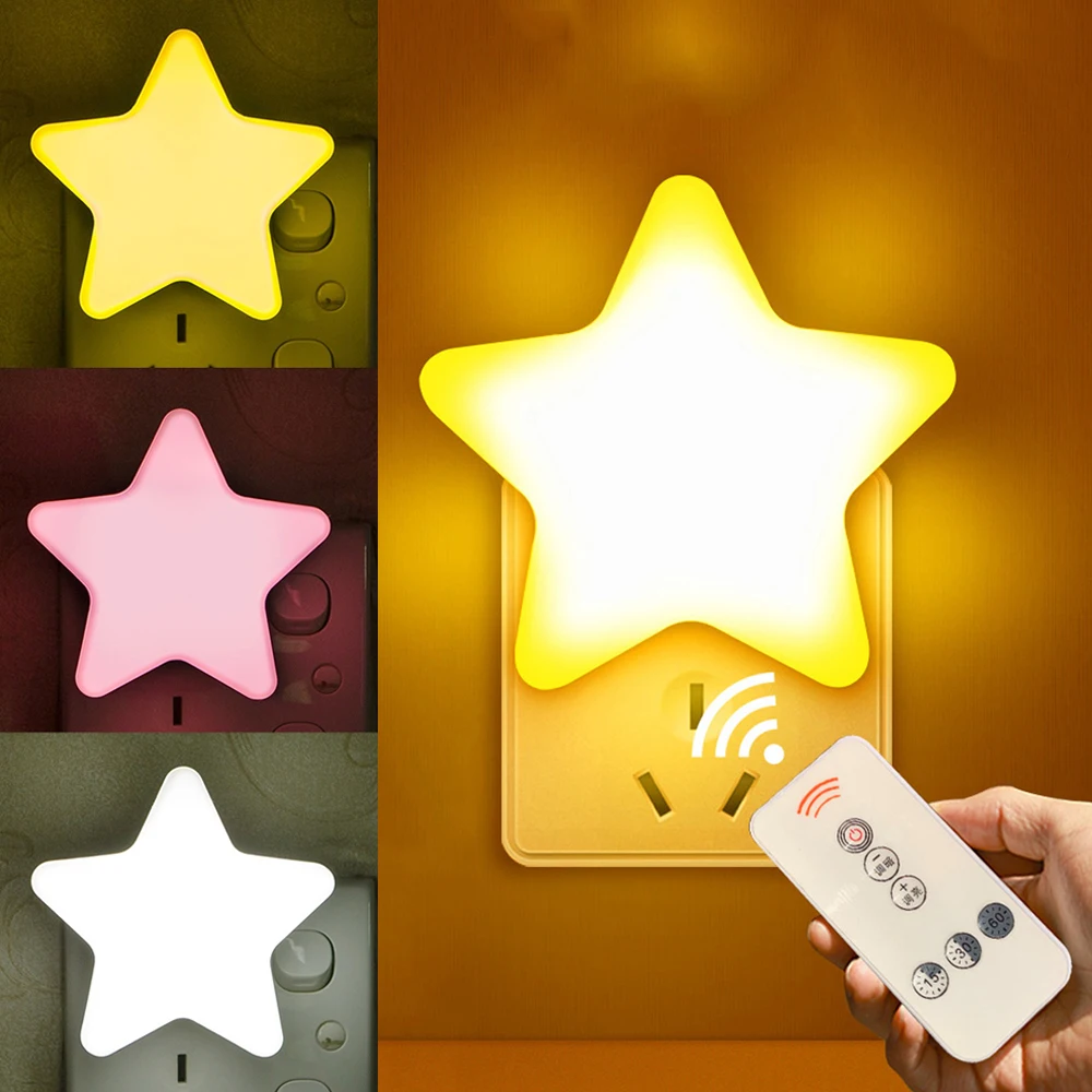 

4Colors Mini Star LED Night Light With Remote Controller Baby Sleeping Light Pulg-in Socket Bedside Wall Lamps for Kids Bedroom