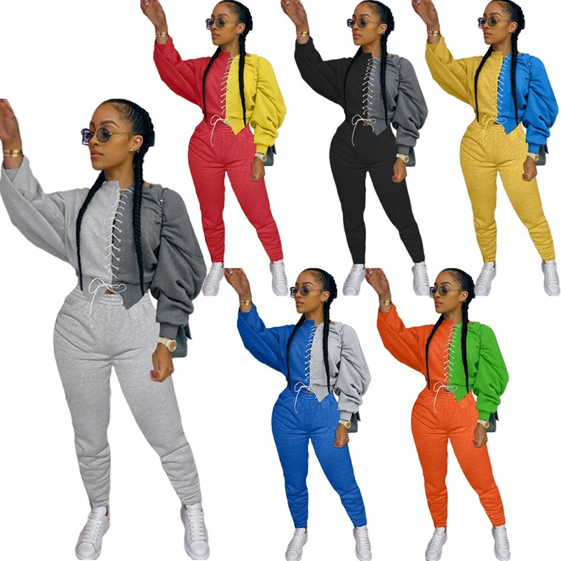 

ZKYZWX Plus Size Patchwork 2 Piece Tracksuits Women Set Long Sleeve Bandage Sweatshirt Sexy Sweatpans Lounge Wear Matching Sets
